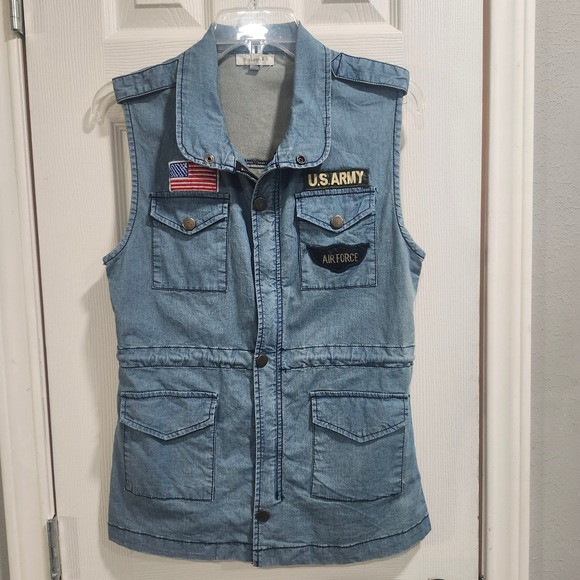 Misope Jackets & Blazers - Misope Denim Utility Vest Military Patches Light Wash Blue Small J1154